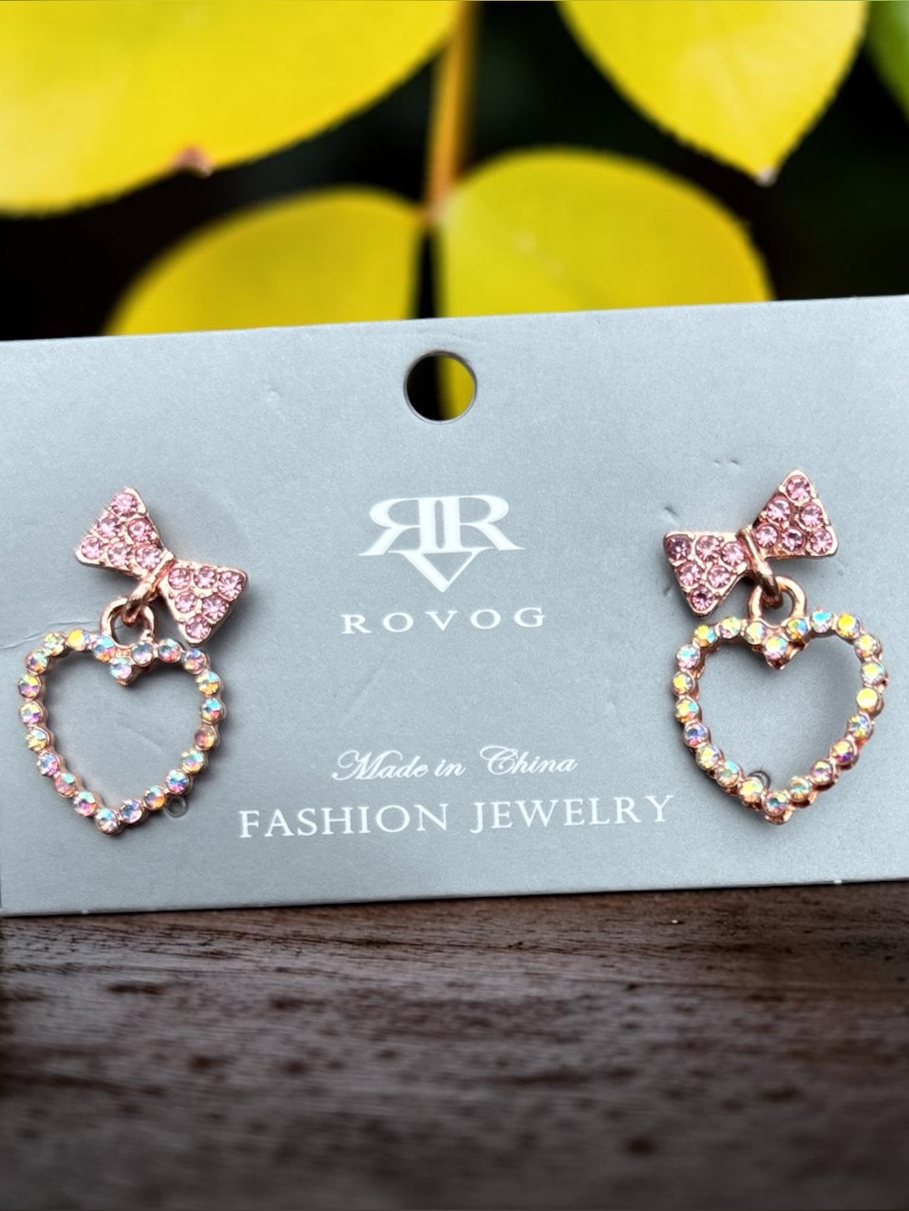 Rovog Rose Gold Bow & Iridescent Crystal Heart Drop Earrings NWOT